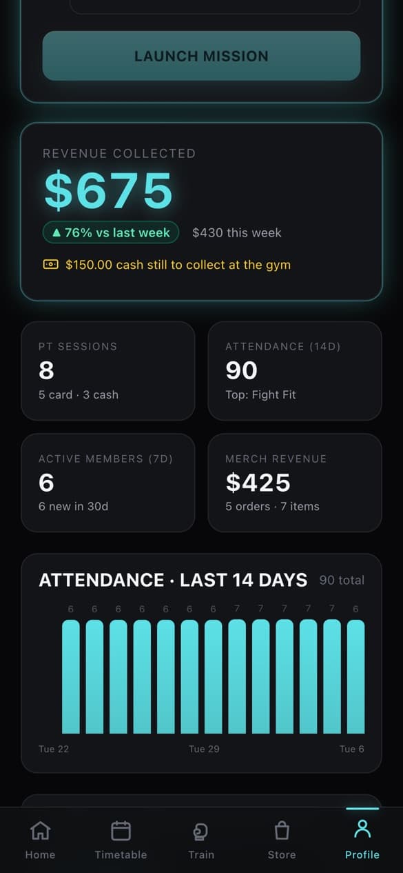 Analytics: revenue, PT sessions, attendance